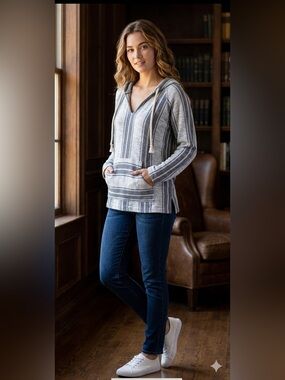 Ocean Drive Clothing Co Womens Gray Navy Striped Baja‎ Hoodie Pullover Small